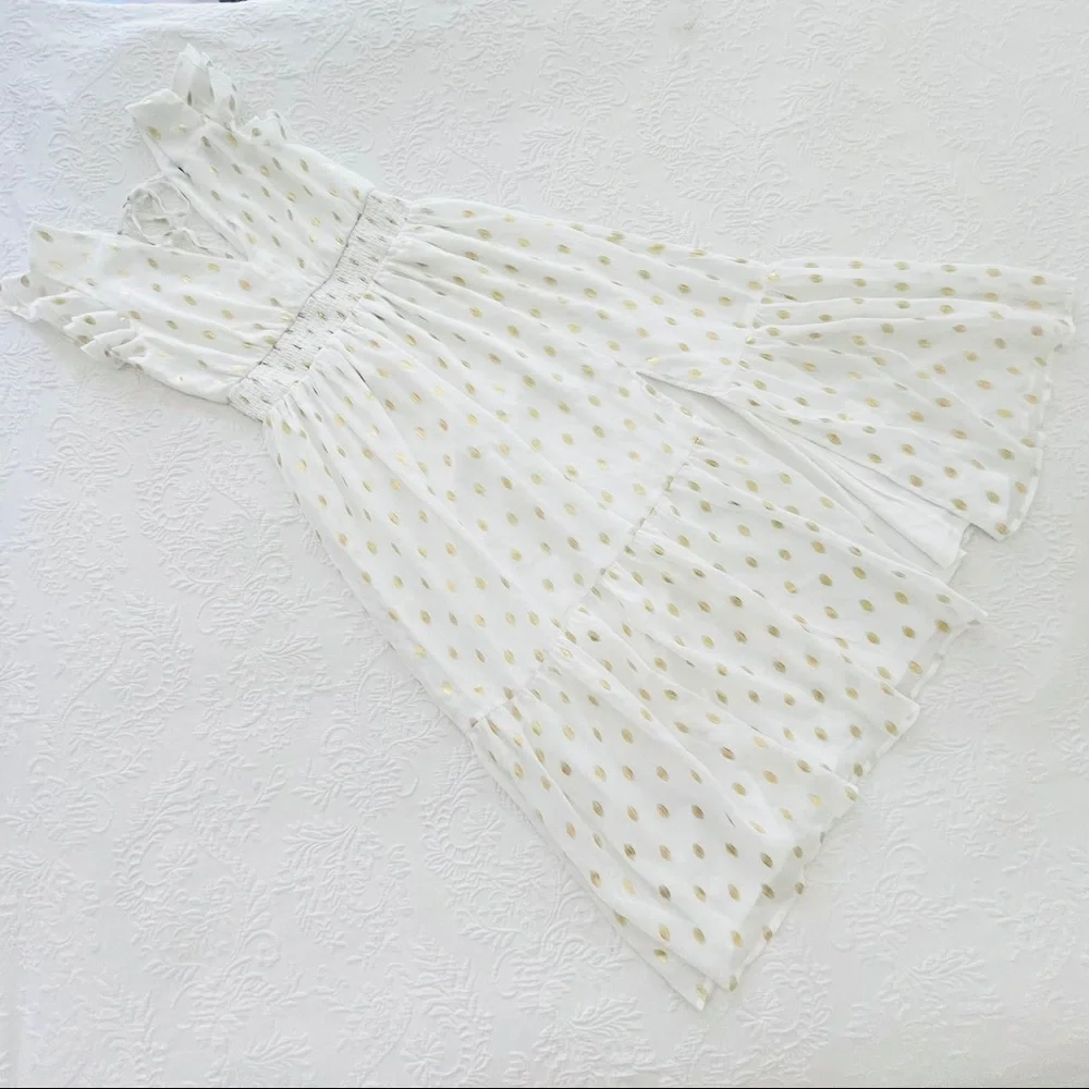 NWOT Lulus Cause to Celebrate White and Gold Dot Ruffled Tiered Midi Dress - Picture 5 of 11